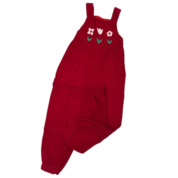 Vintage Girl’s Corduroy Red Flower Appliqué Overall Jumpsuit Romper - Picture 1 of 7